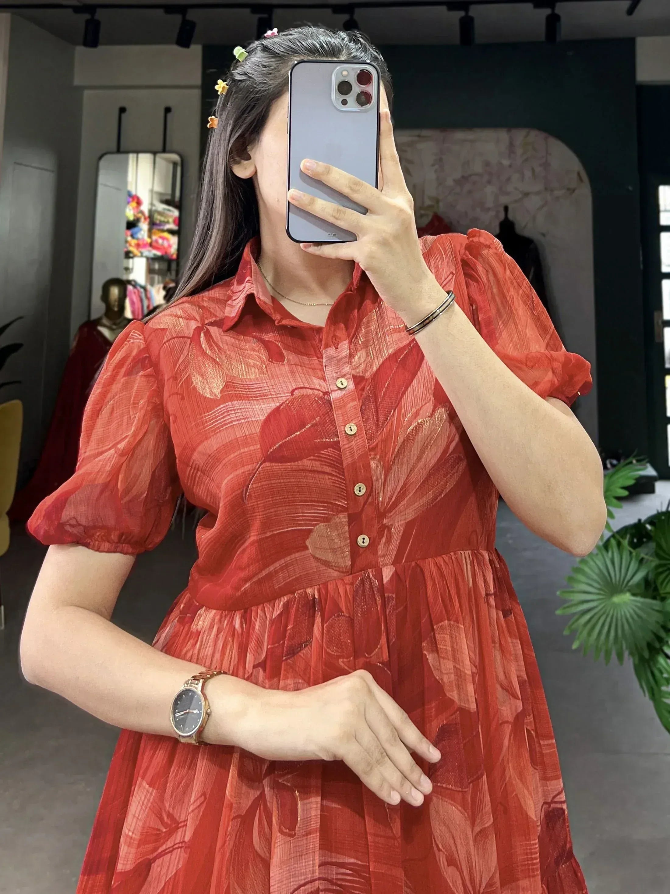 Red floral print ethnic gown with puff sleeves, perfect for Indian occasions and festive wear