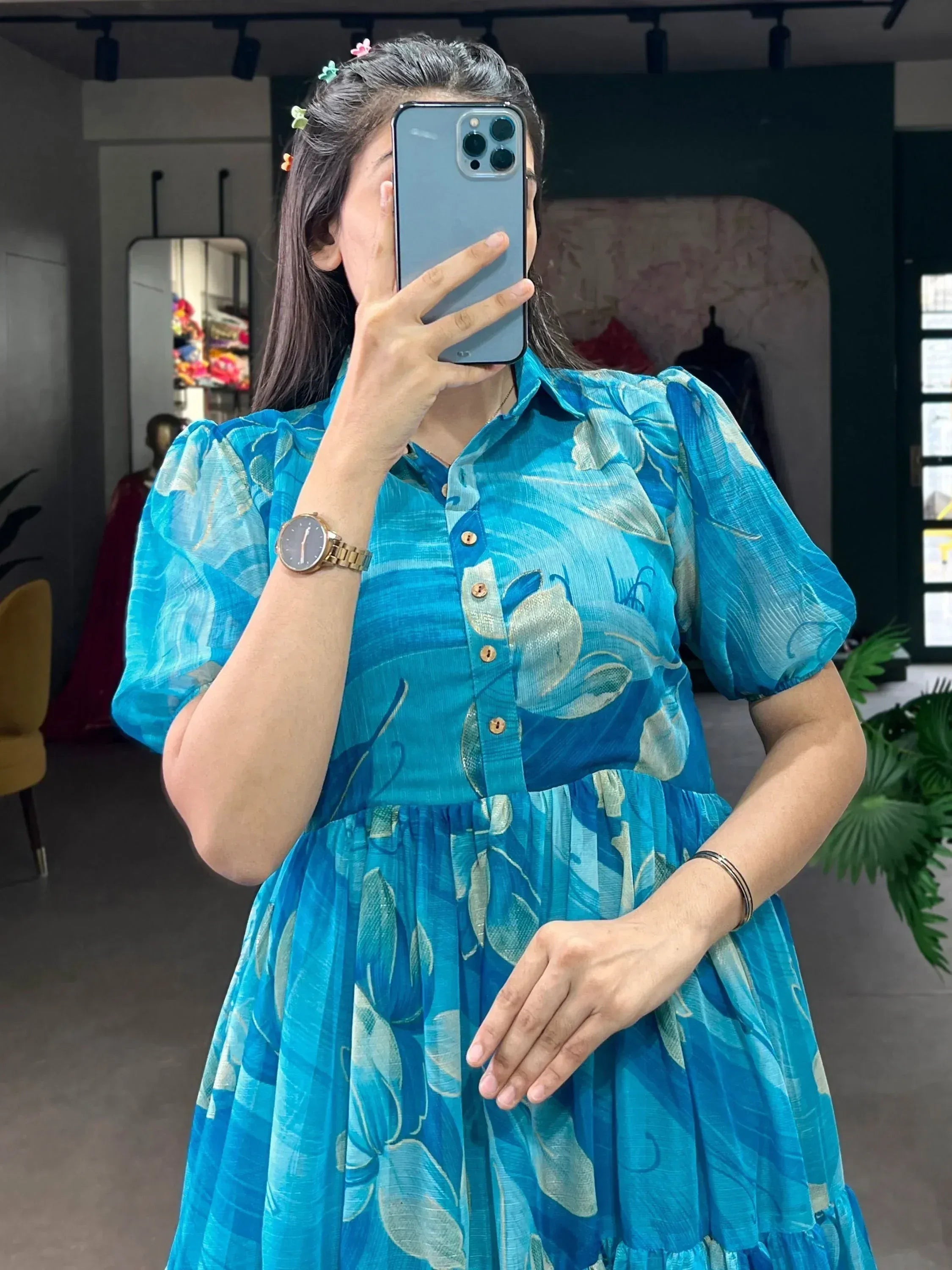Blue floral ethnic gown with puff sleeves and button front, perfect for Indian occasions