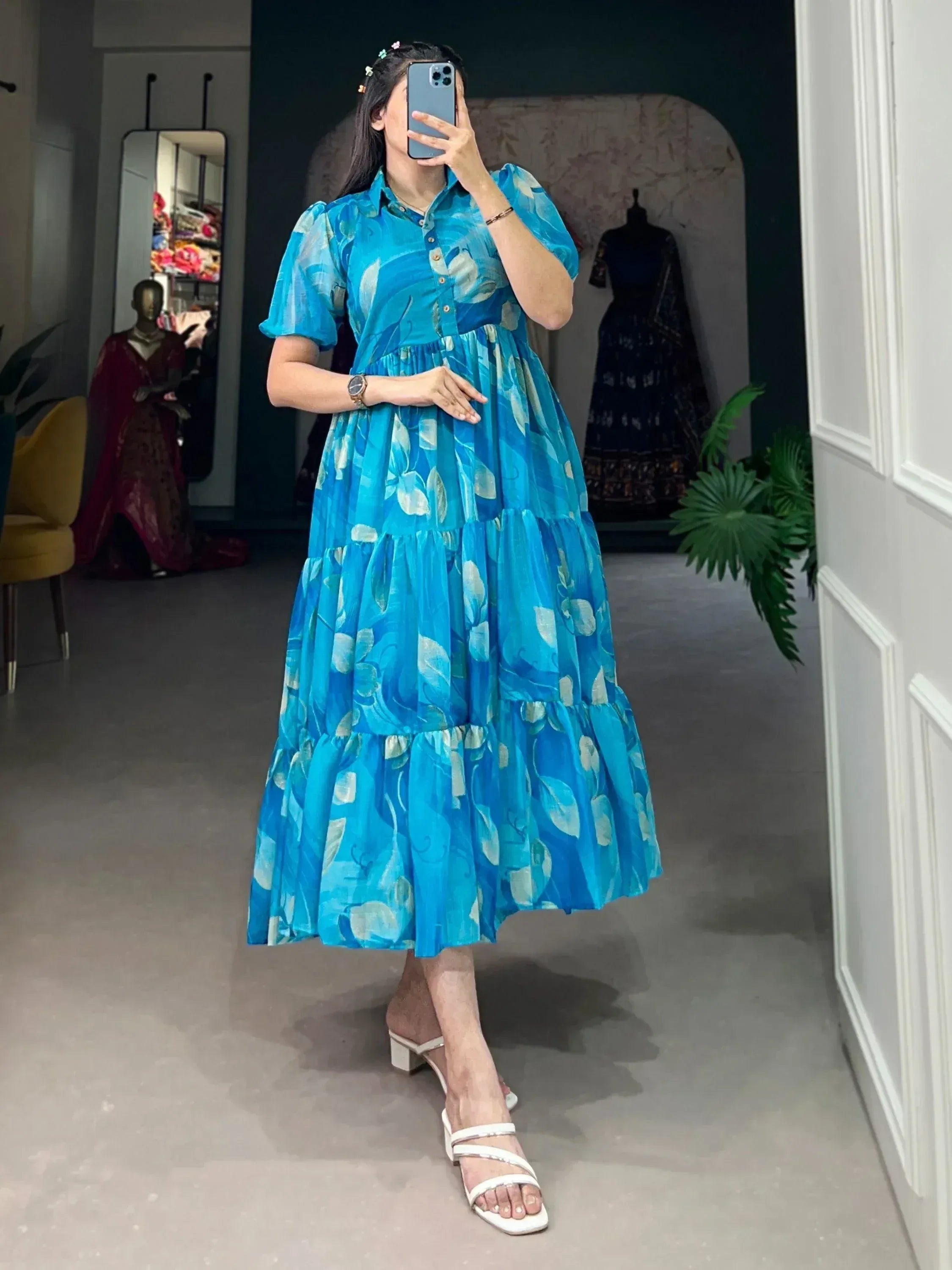 Blue floral tiered ethnic gown with puff sleeves, perfect for Indian occasions and parties