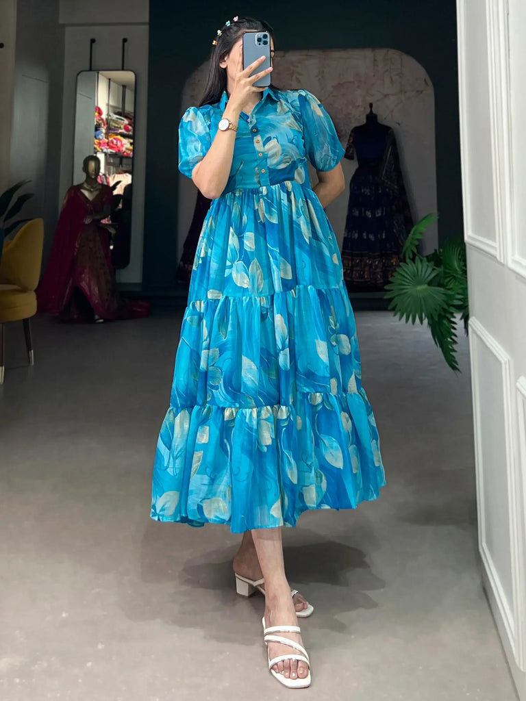 Excellent Sky Blue Floral Printed Chiffon Event Wear Dresses