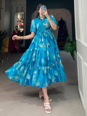 Excellent Sky Blue Floral Printed Chiffon Event Wear Dresses