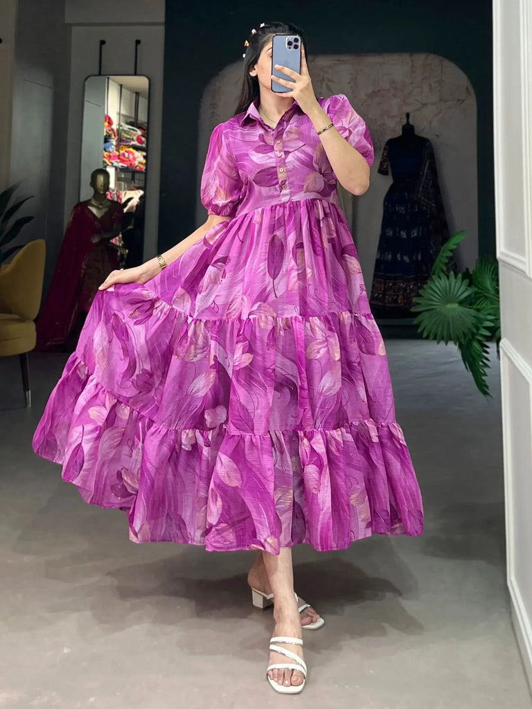 Wonderful Wine Floral Printed Chiffon Traditional Dresses