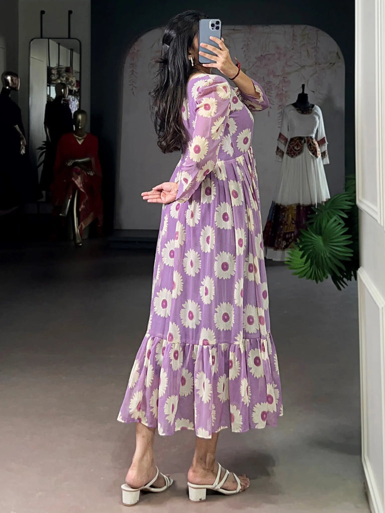 Classic Lavender Floral Printed Georgette Casual Wear Dress