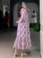 Classic Lavender Floral Printed Georgette Casual Wear Dress