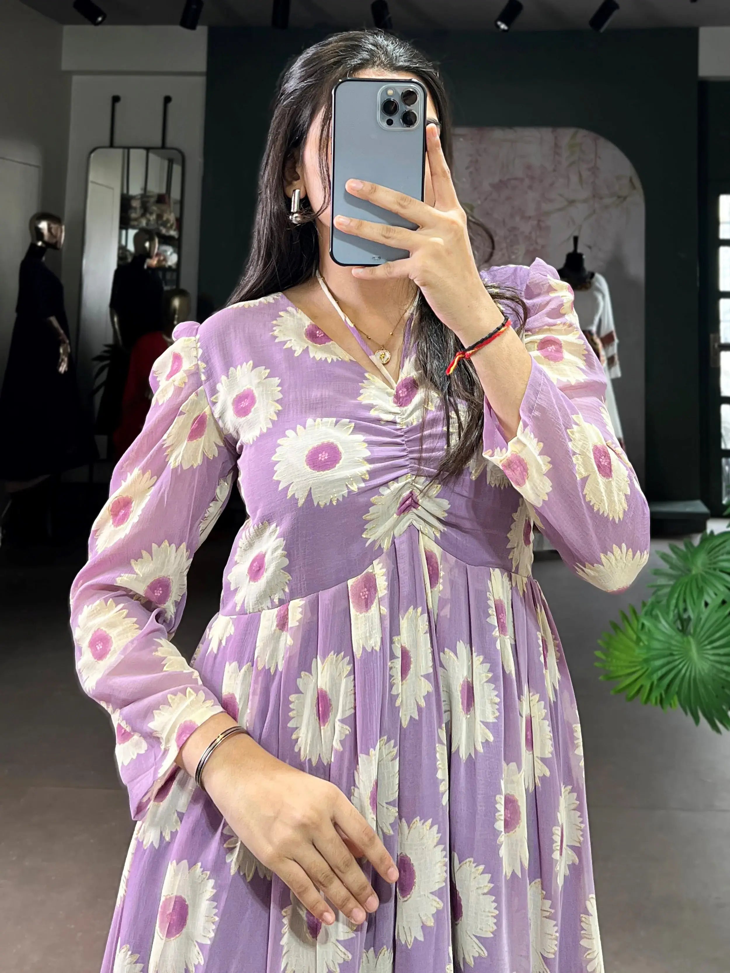 Classic Lavender Floral Printed Georgette Casual Wear Dress