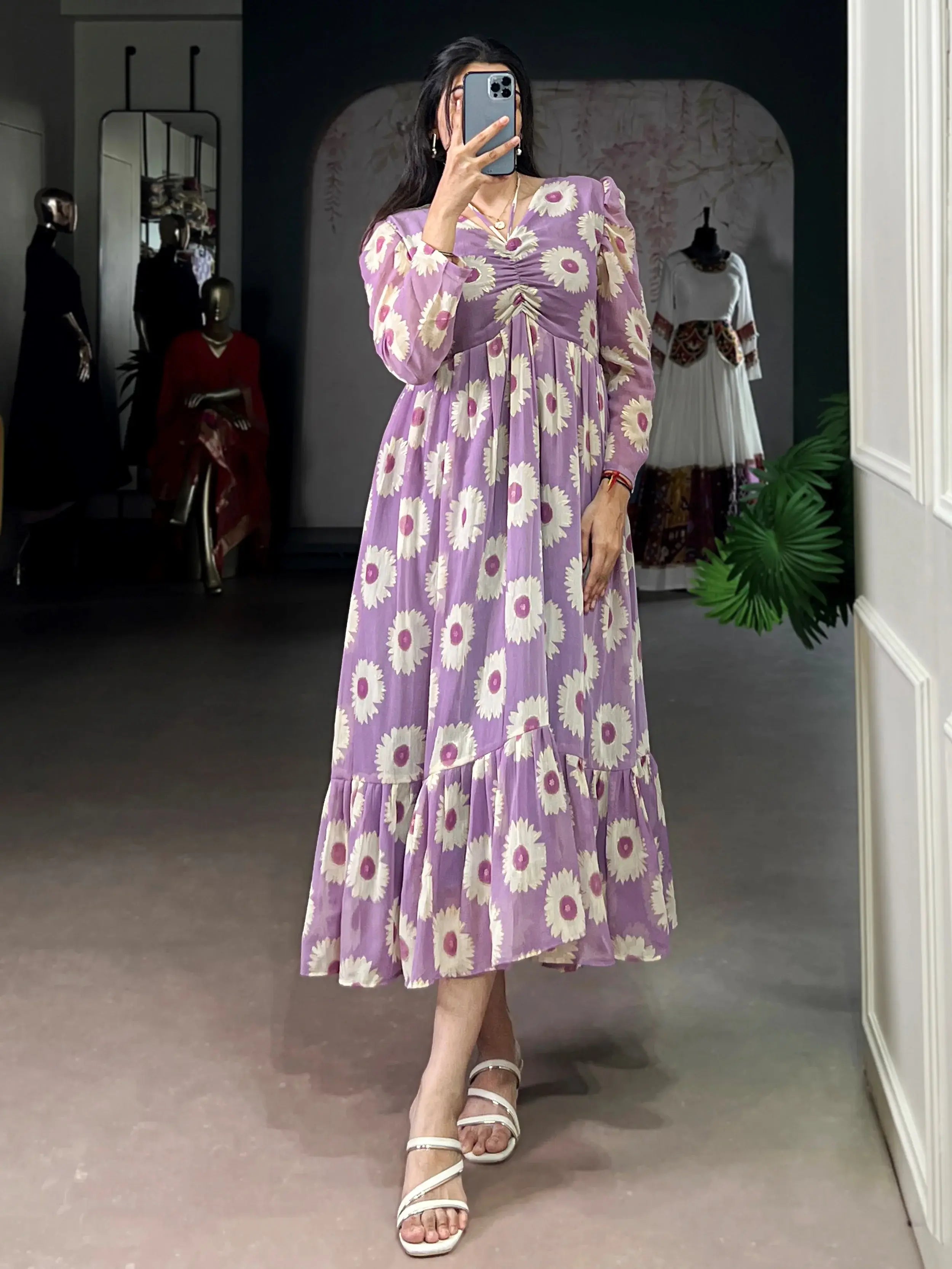 Classic Lavender Floral Printed Georgette Casual Wear Dress