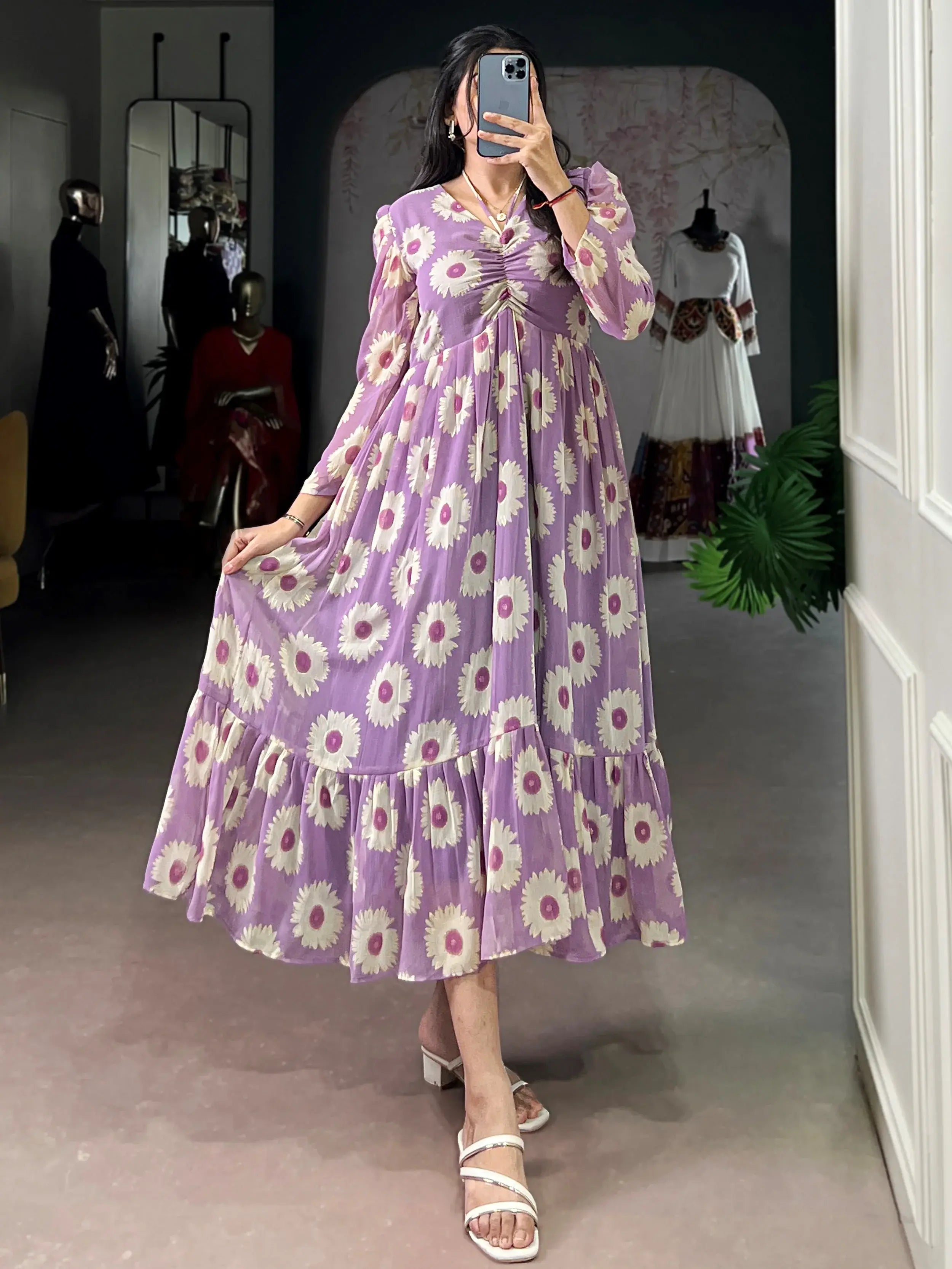 Classic Lavender Floral Printed Georgette Casual Wear Dress