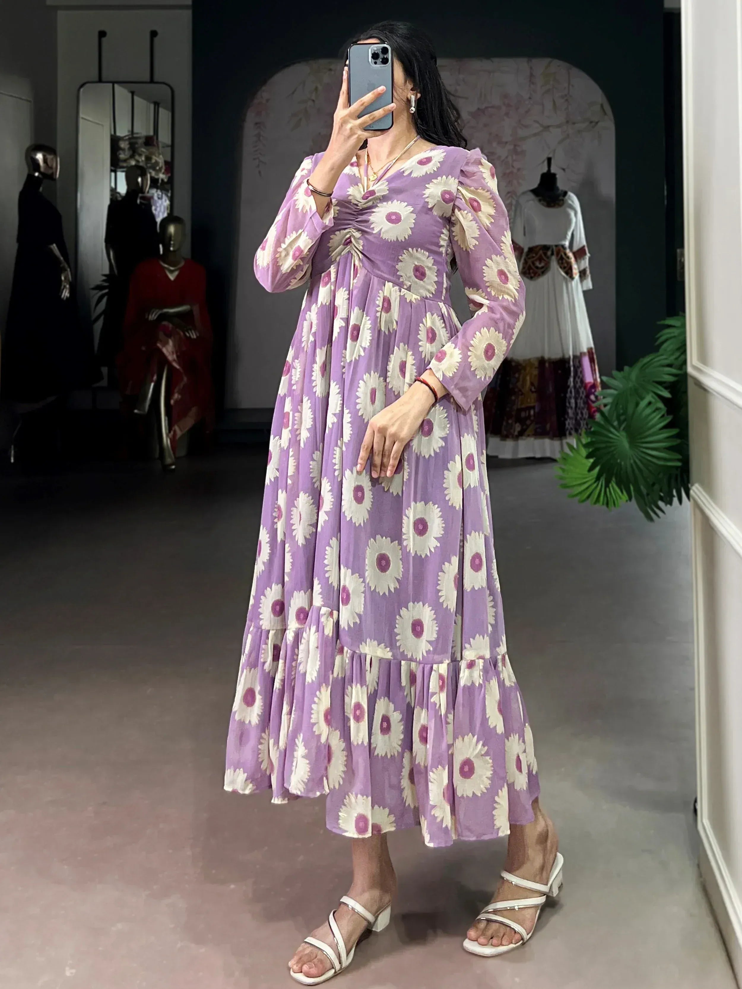 Classic Lavender Floral Printed Georgette Casual Wear Dress