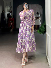 Classic Lavender Floral Printed Georgette Casual Wear Dress