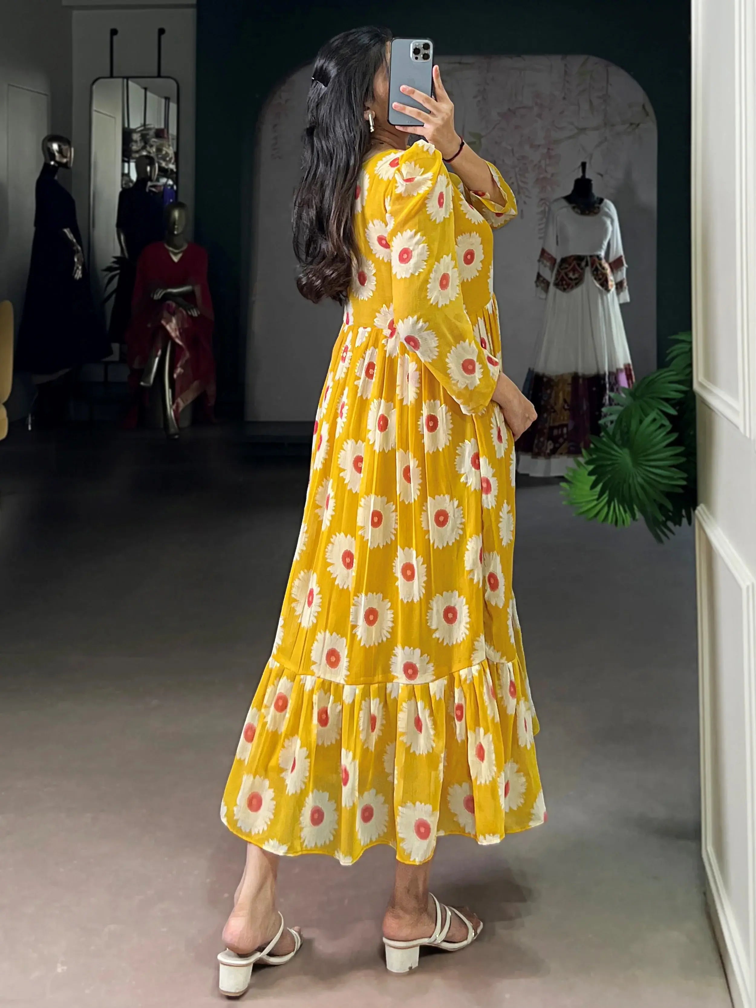 Outstanding Yellow Floral Printed Georgette Casual Wear Dress
