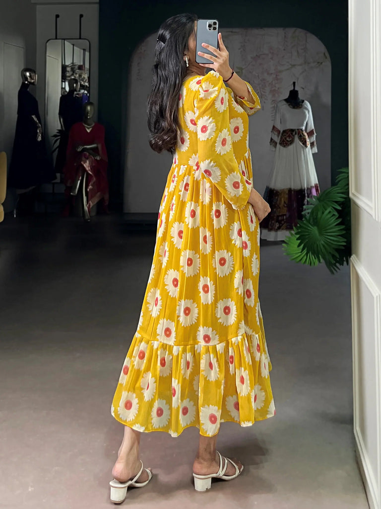 Outstanding Yellow Floral Printed Georgette Casual Wear Dress