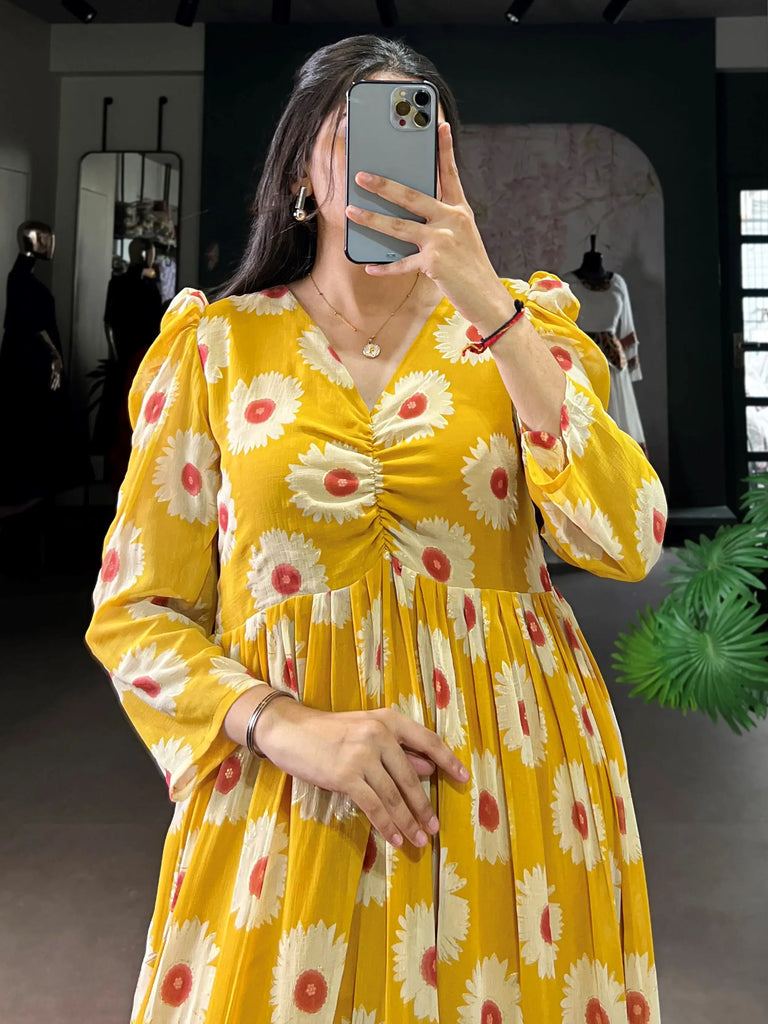 Outstanding Yellow Floral Printed Georgette Casual Wear Dress