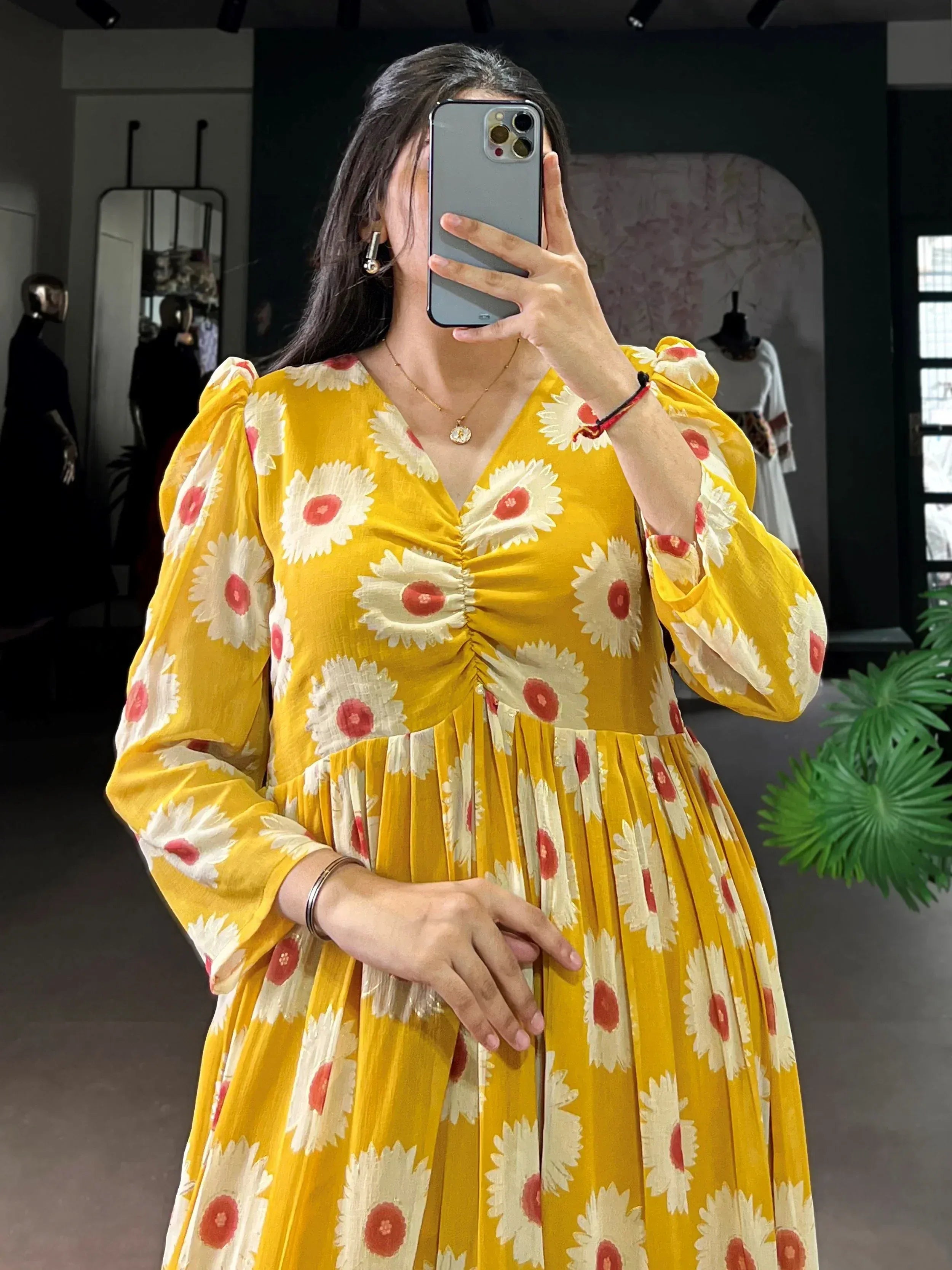 Outstanding Yellow Floral Printed Georgette Casual Wear Dress