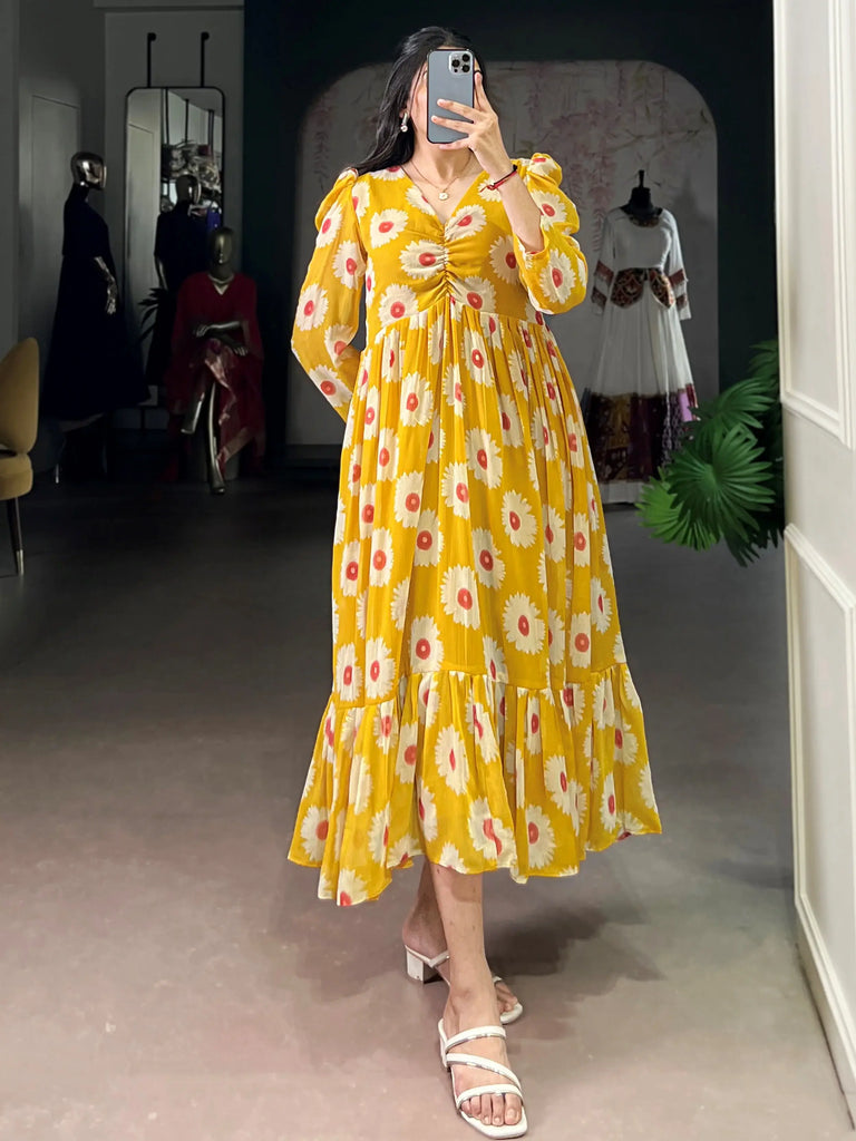 Outstanding Yellow Floral Printed Georgette Casual Wear Dress