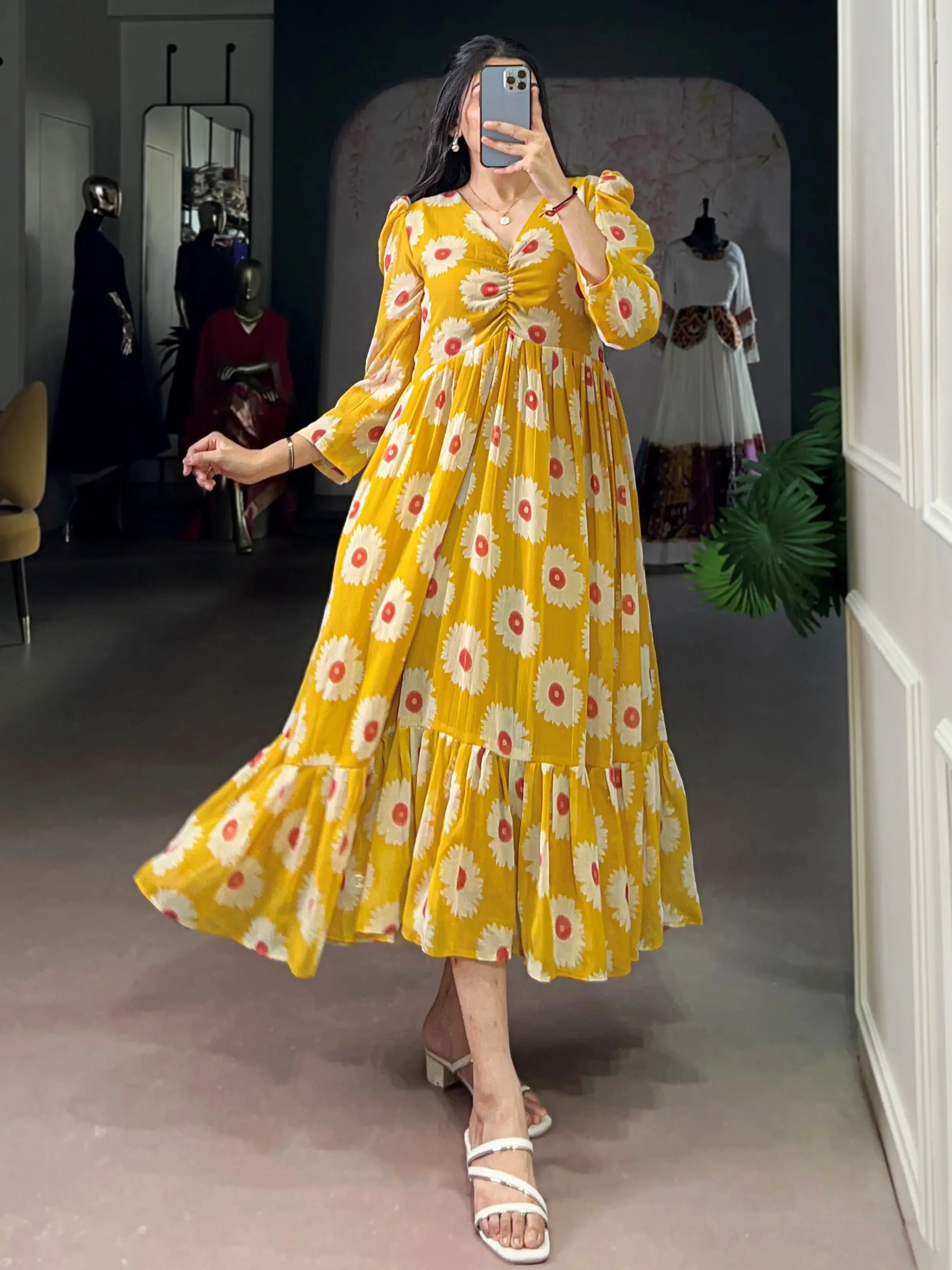 Outstanding Yellow Floral Printed Georgette Casual Wear Dress