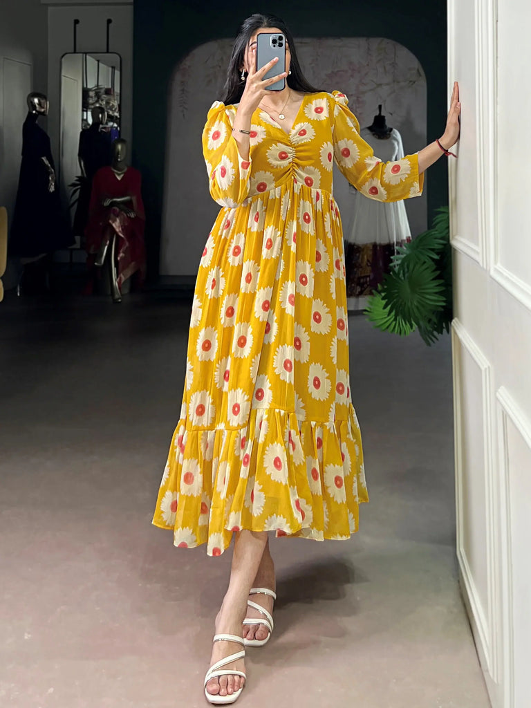 Outstanding Yellow Floral Printed Georgette Casual Wear Dress