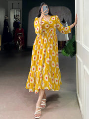 Outstanding Yellow Floral Printed Georgette Casual Wear Dress