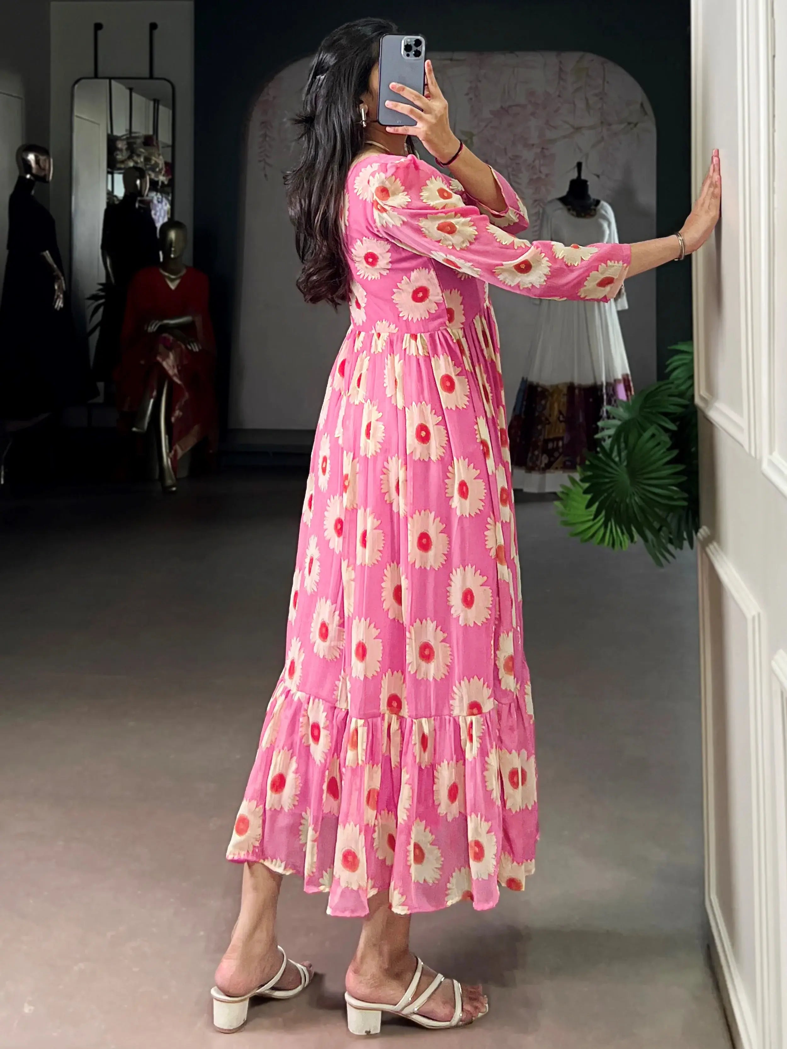Enchanting Pink Floral Printed Georgette Casual Wear Dress