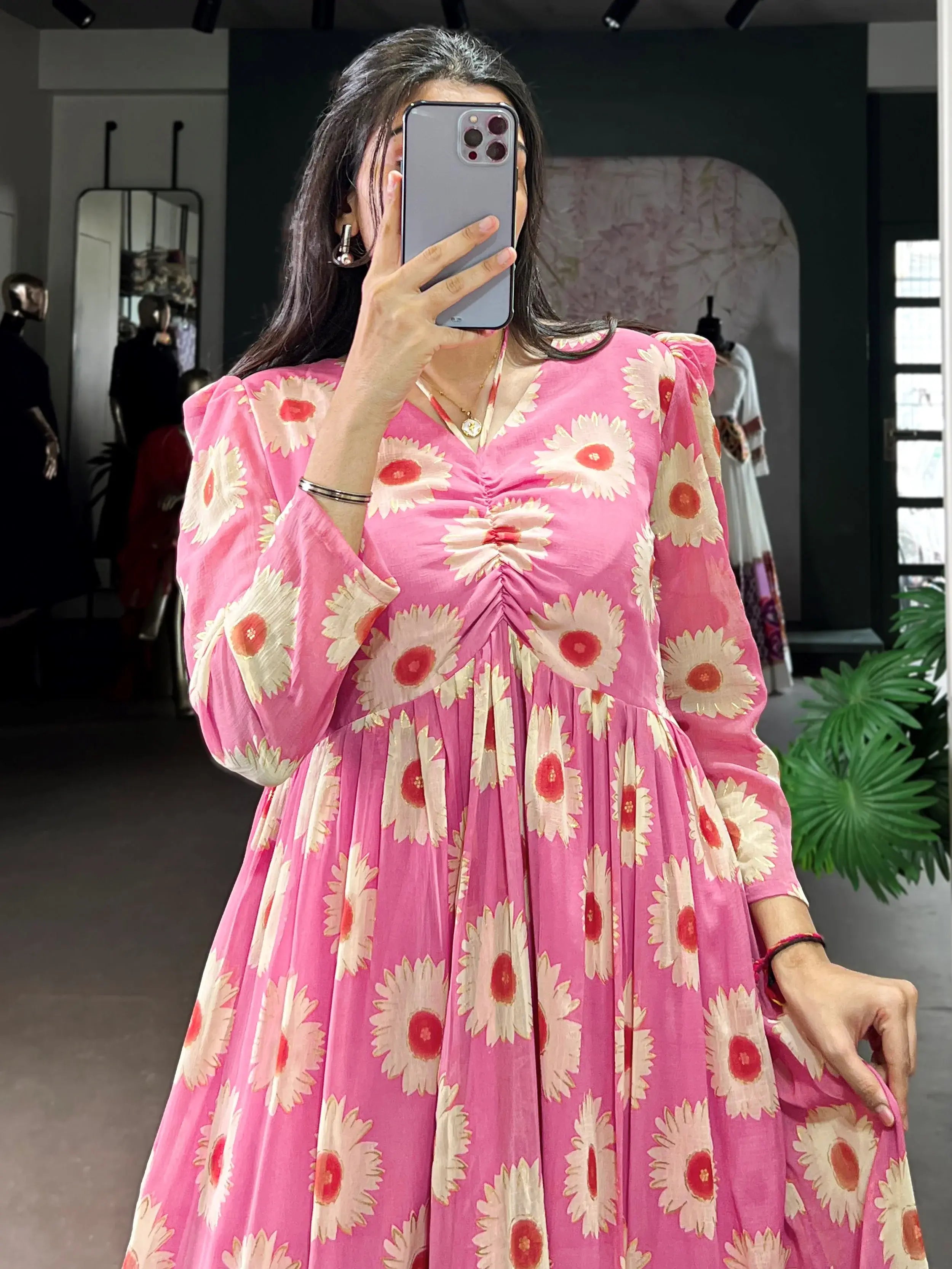 Enchanting Pink Floral Printed Georgette Casual Wear Dress