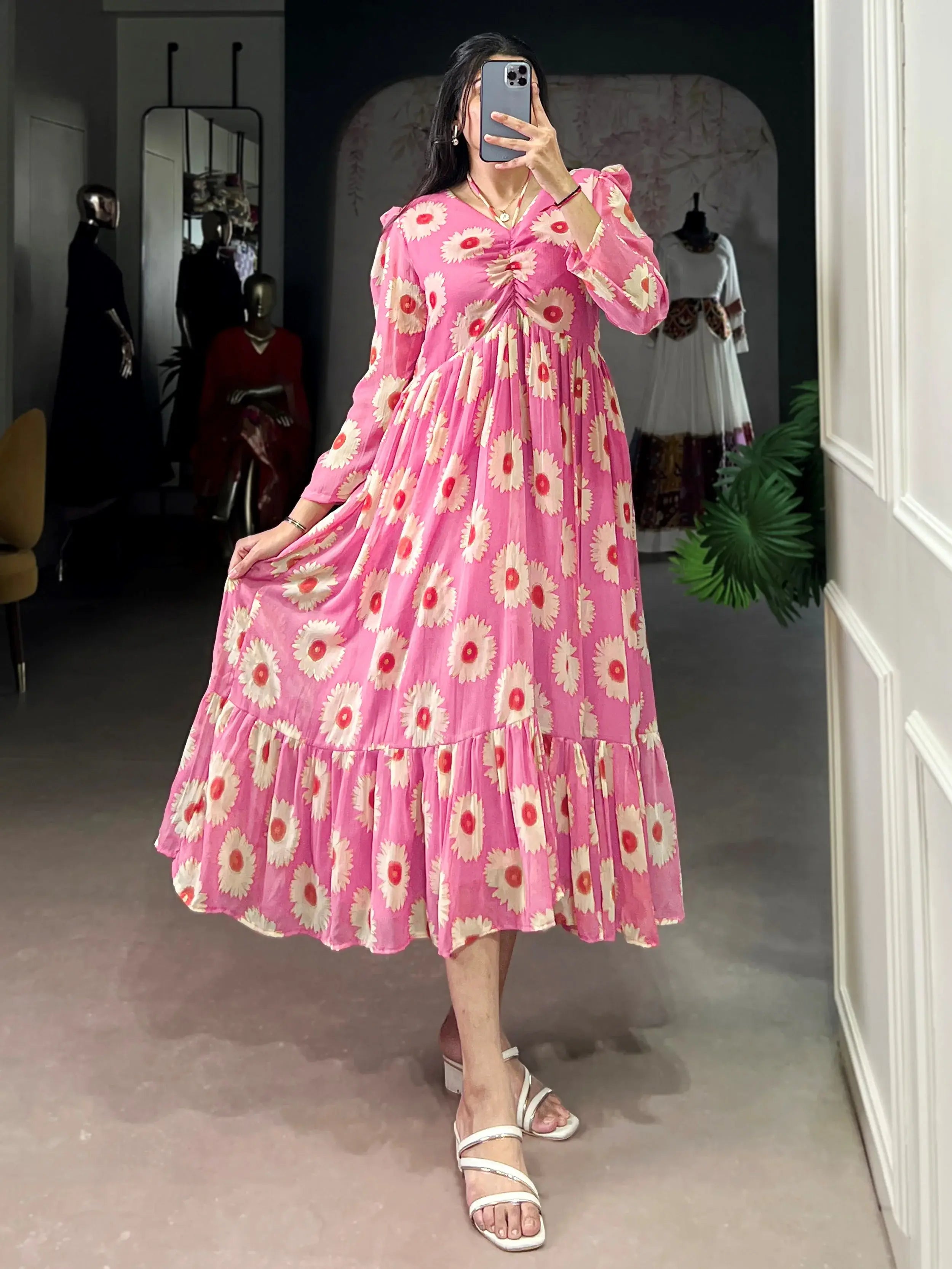 Enchanting Pink Floral Printed Georgette Casual Wear Dress