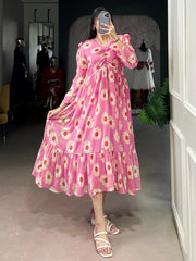 Enchanting Pink Floral Printed Georgette Casual Wear Dress