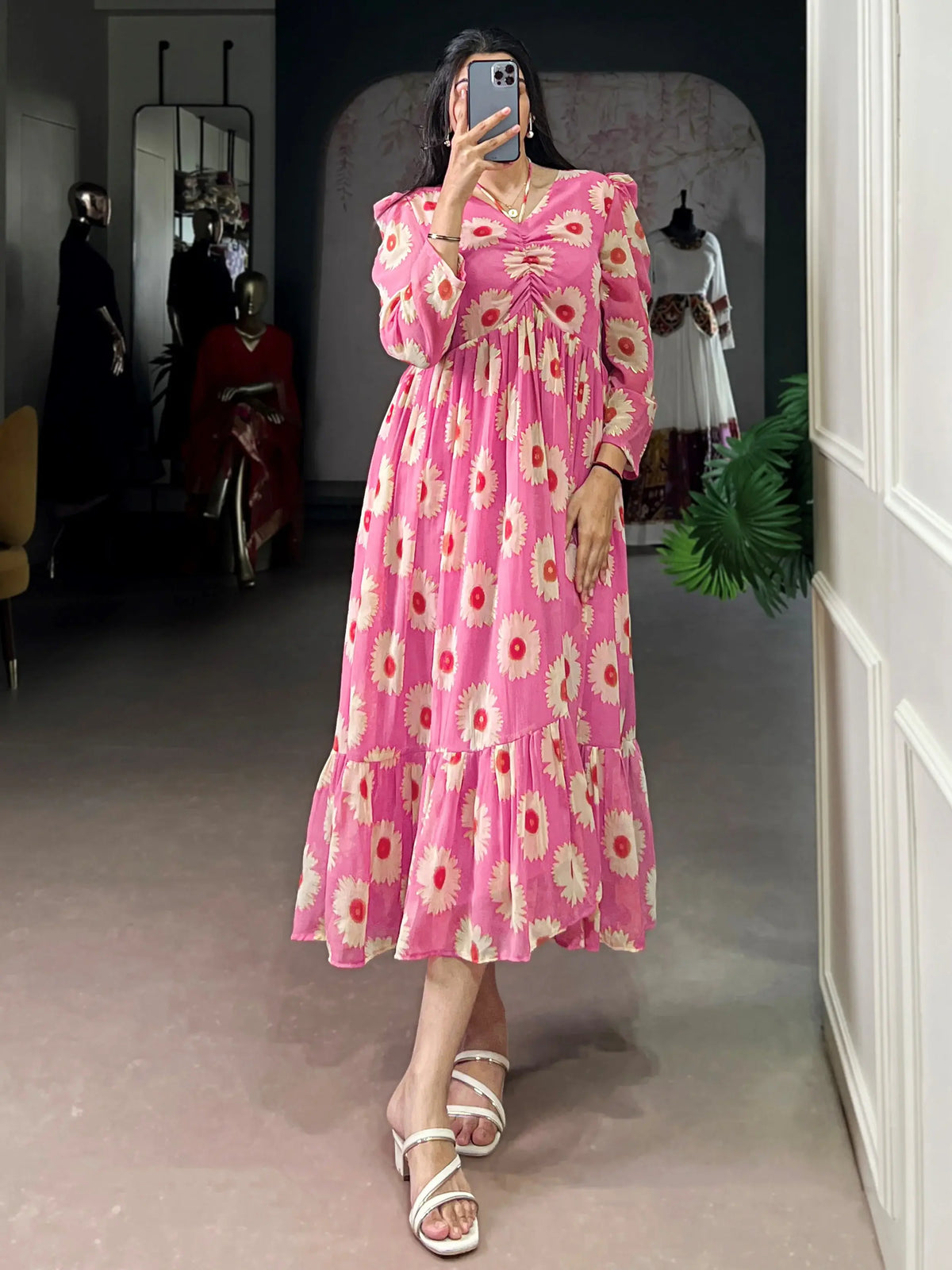 Enchanting Pink Floral Printed Georgette Casual Wear Dress