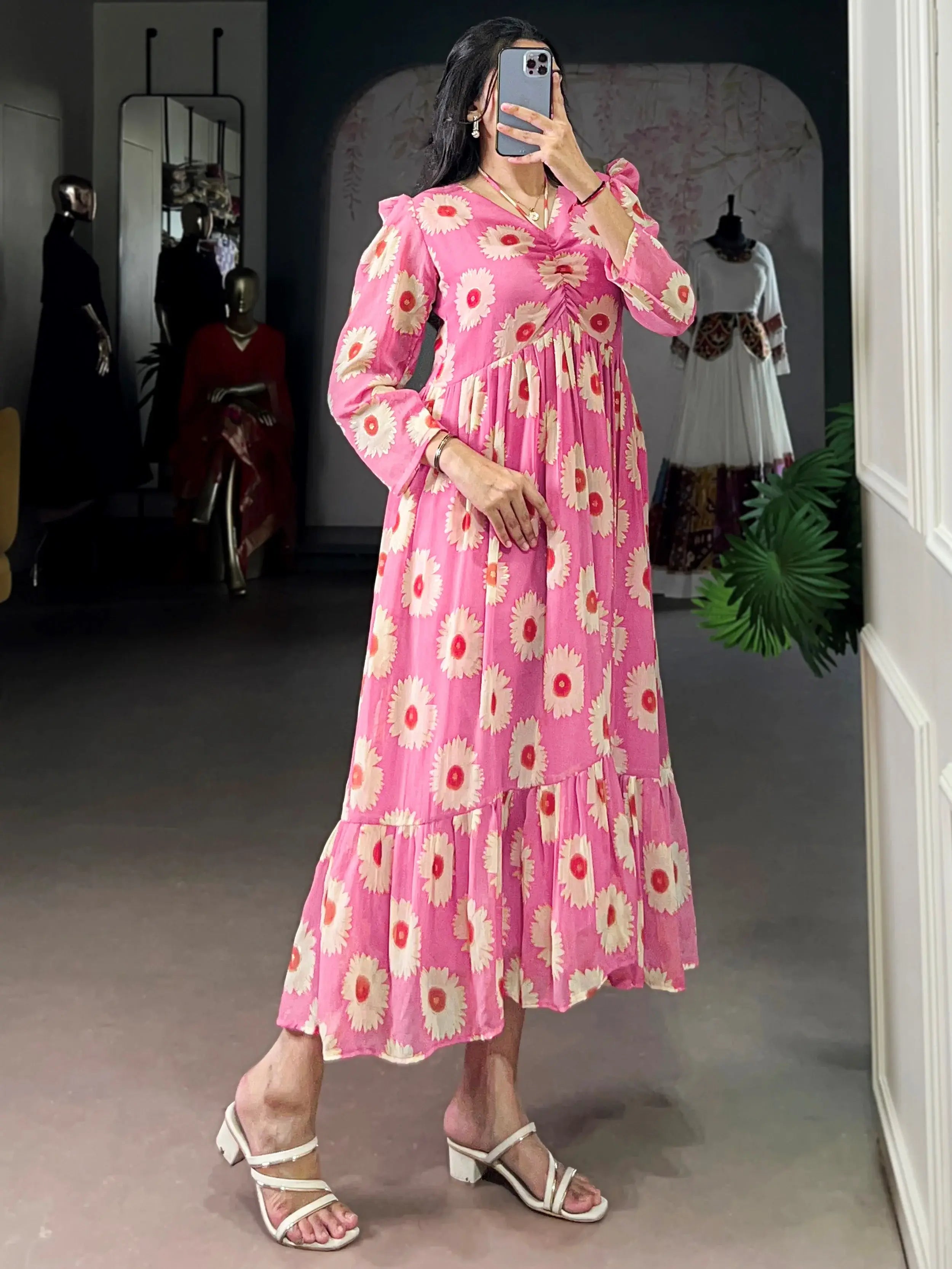 Enchanting Pink Floral Printed Georgette Casual Wear Dress