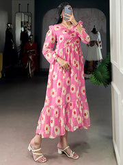 Enchanting Pink Floral Printed Georgette Casual Wear Dress