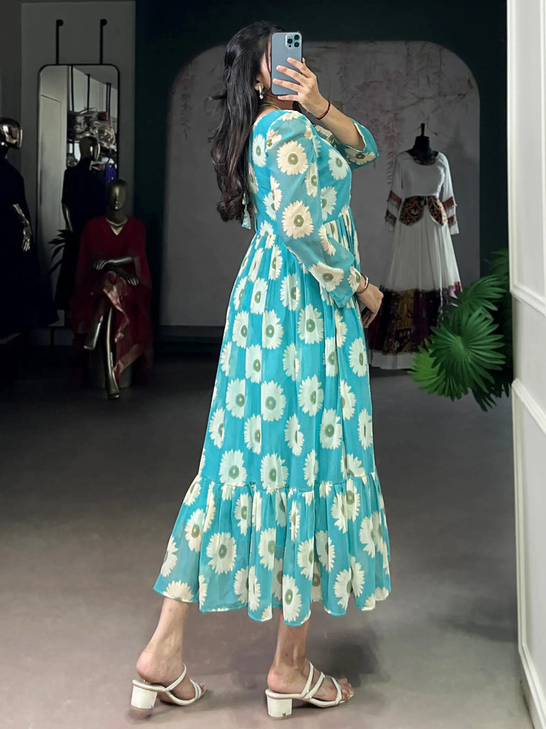 Precious Sky Blue Floral Printed Georgette Casual Wear Dress