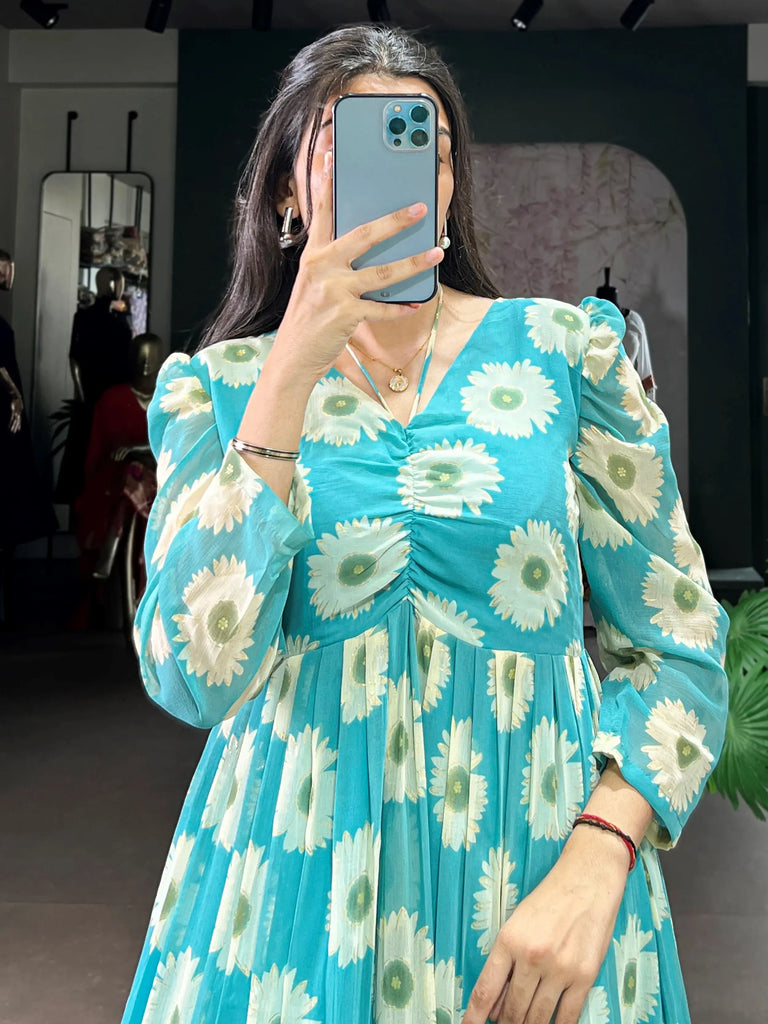 Precious Sky Blue Floral Printed Georgette Casual Wear Dress