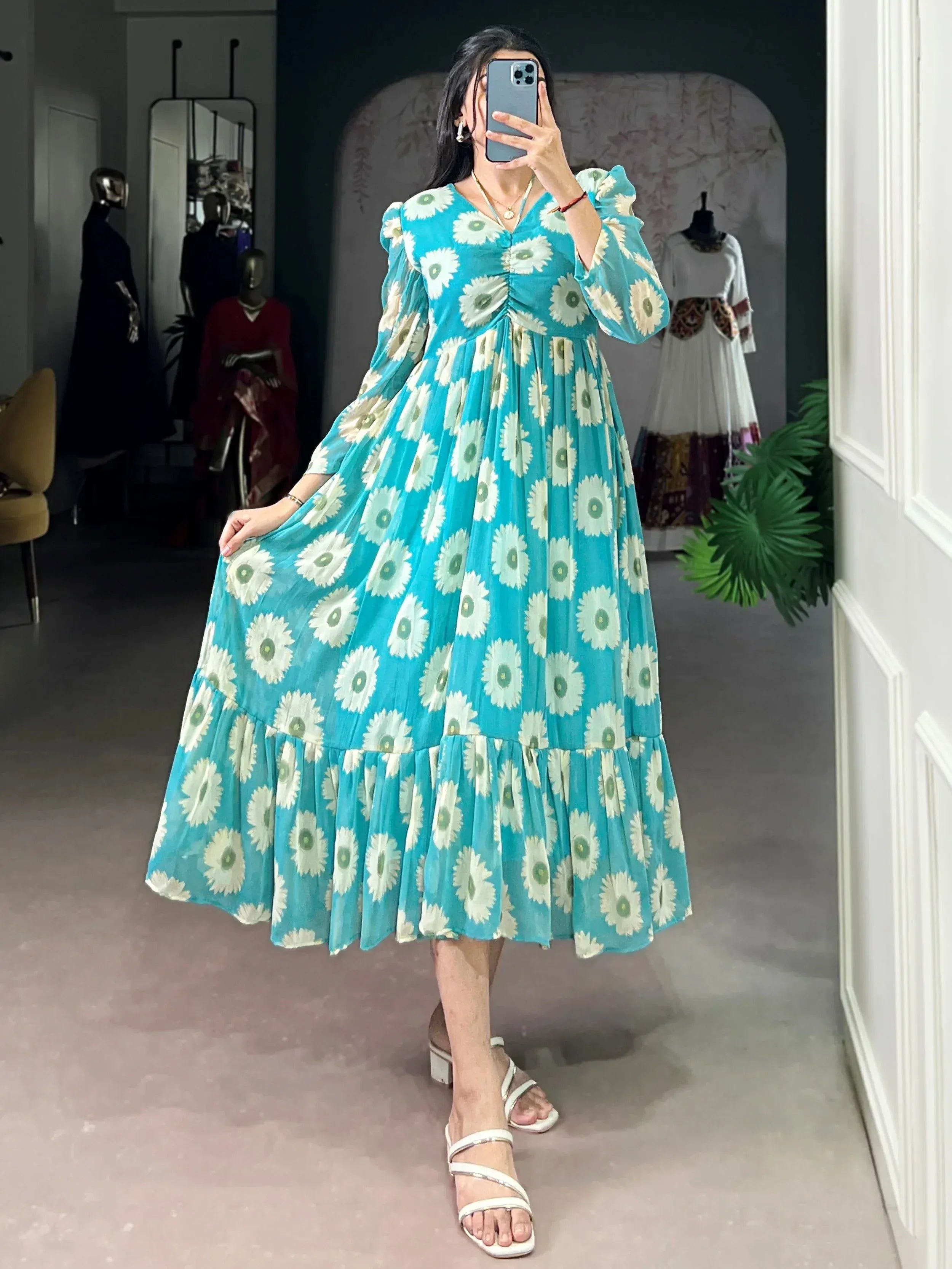 Precious Sky Blue Floral Printed Georgette Casual Wear Dress