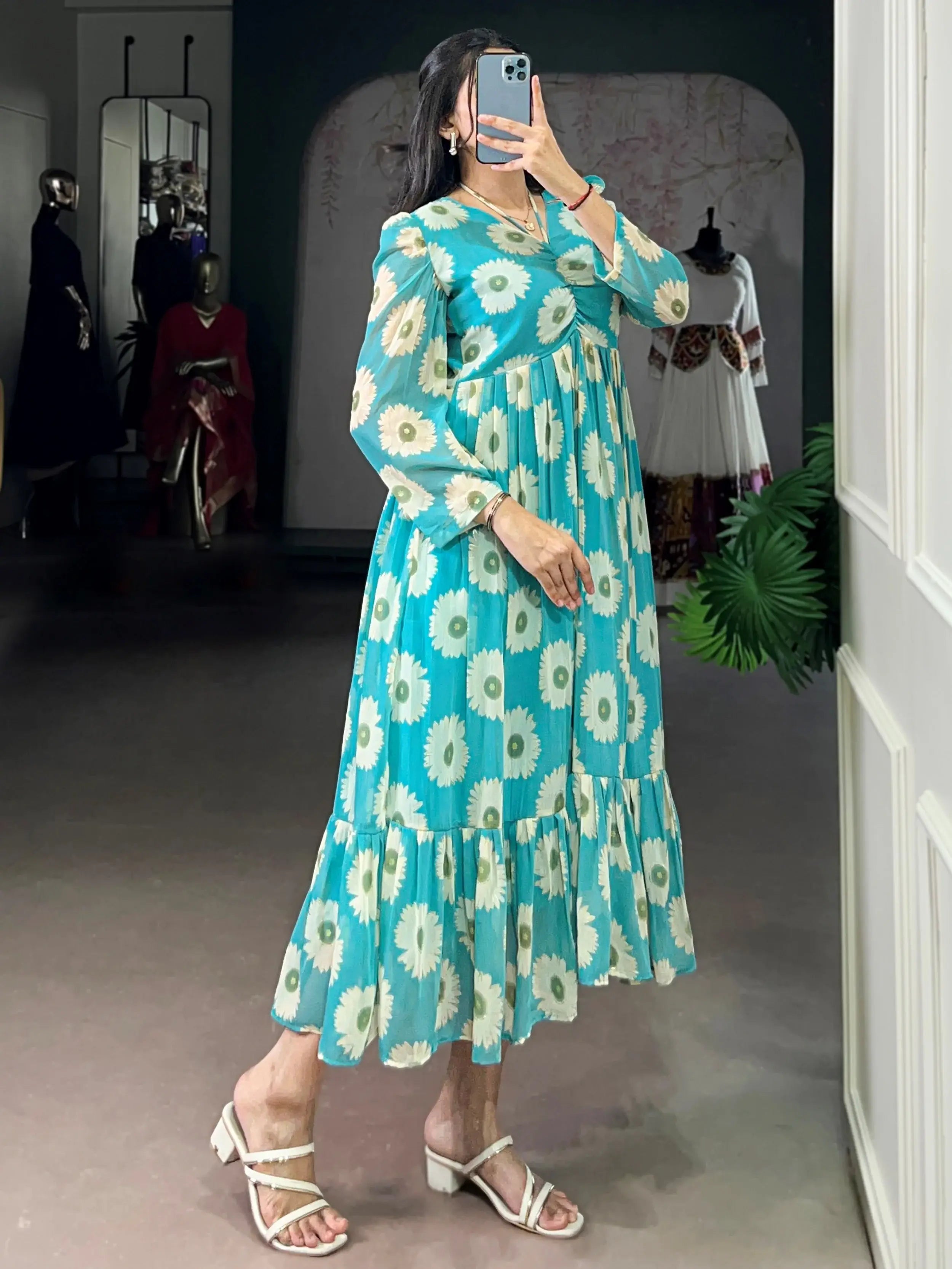 Precious Sky Blue Floral Printed Georgette Casual Wear Dress