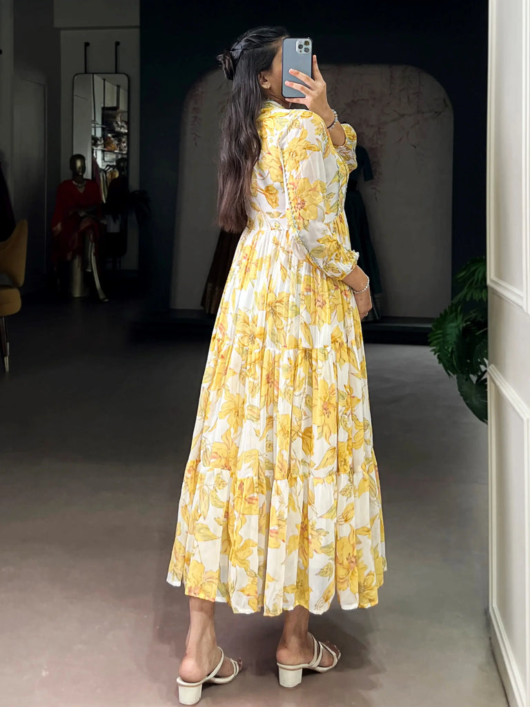 Great Yellow Floral Printed Georgette Casual Wear Dress