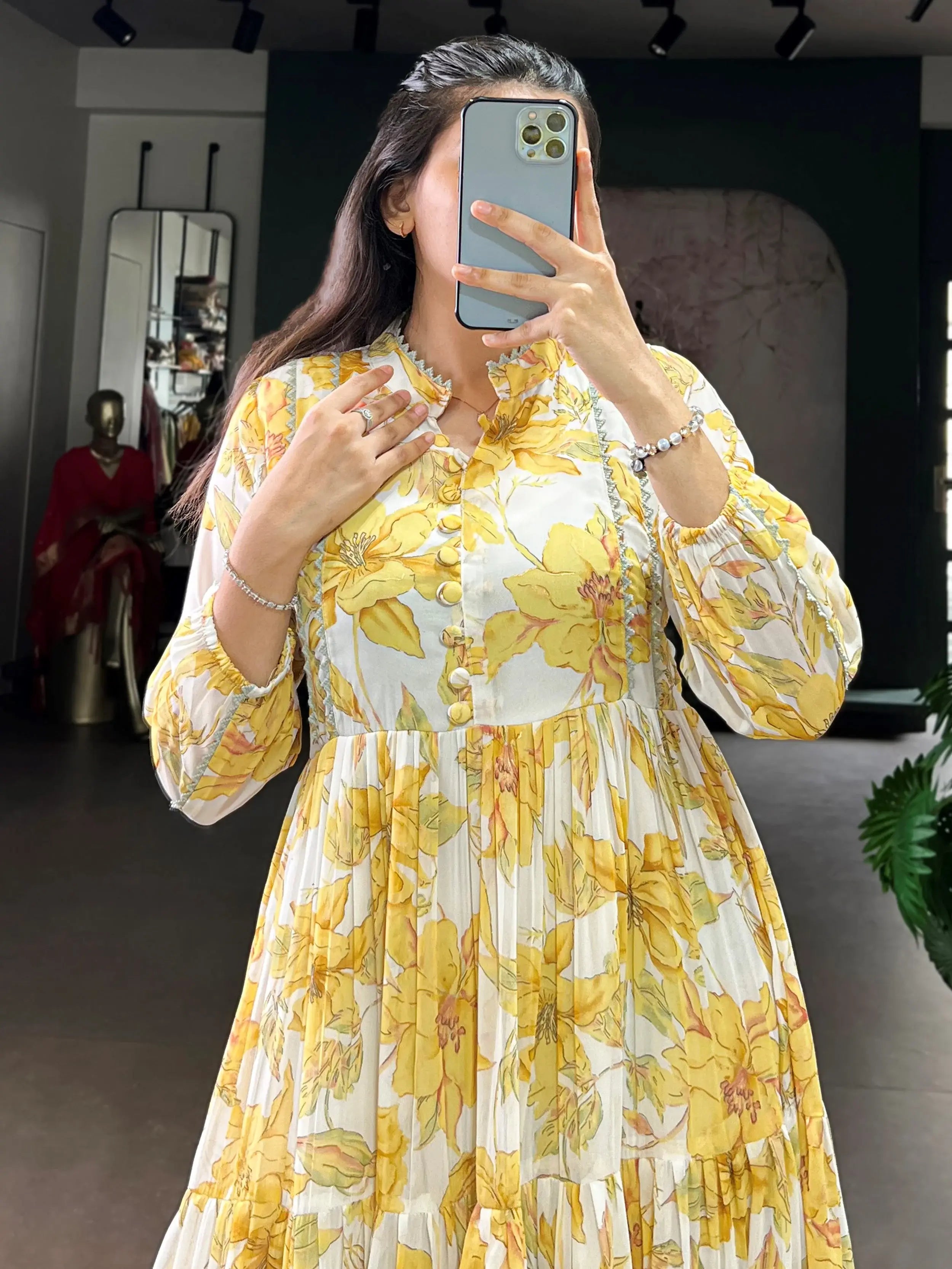 Great Yellow Floral Printed Georgette Casual Wear Dress