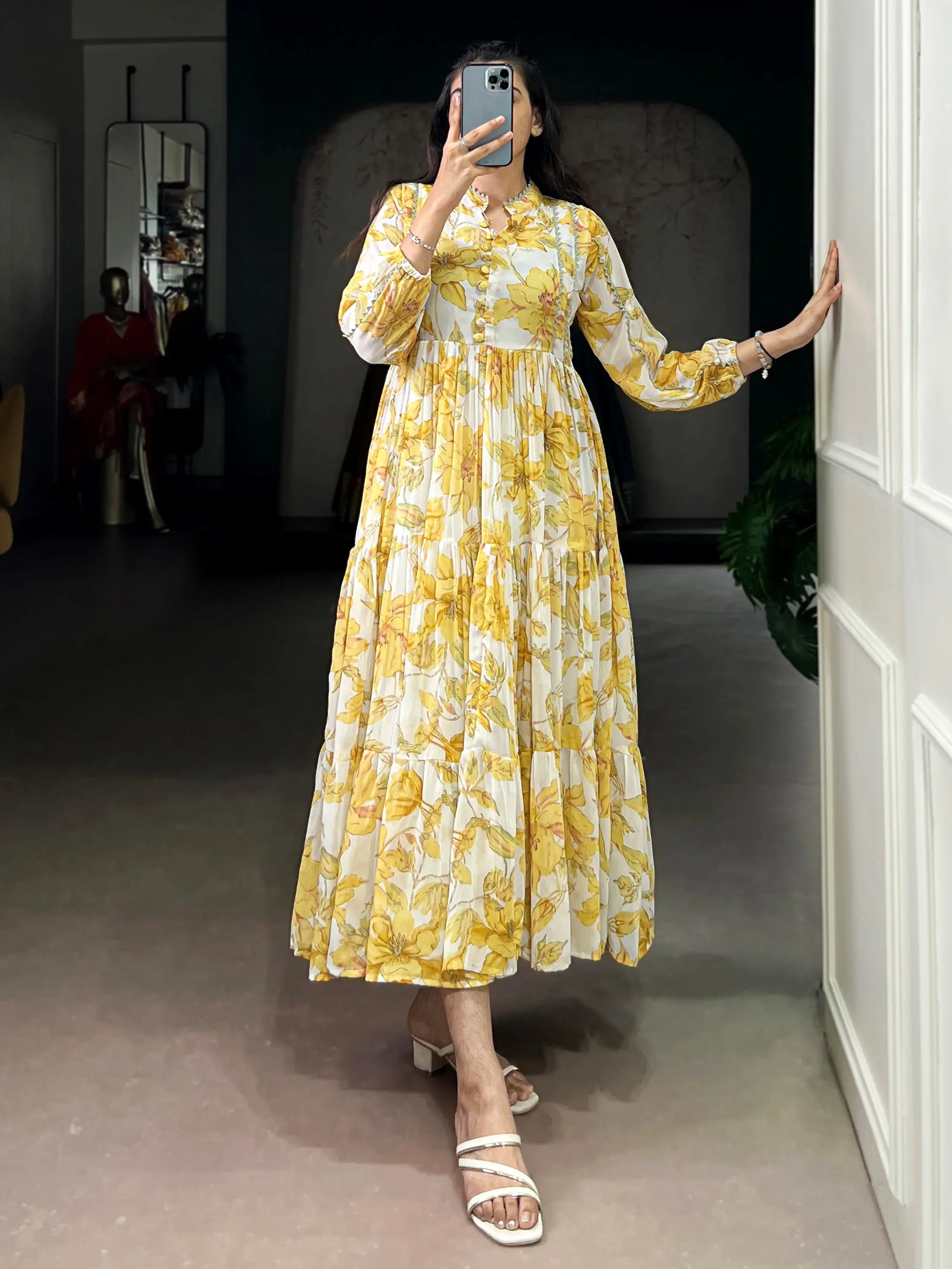 Great Yellow Floral Printed Georgette Casual Wear Dress