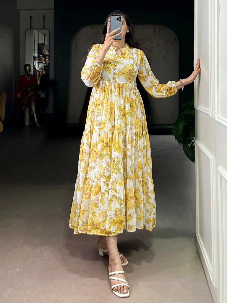 Great Yellow Floral Printed Georgette Casual Wear Dress