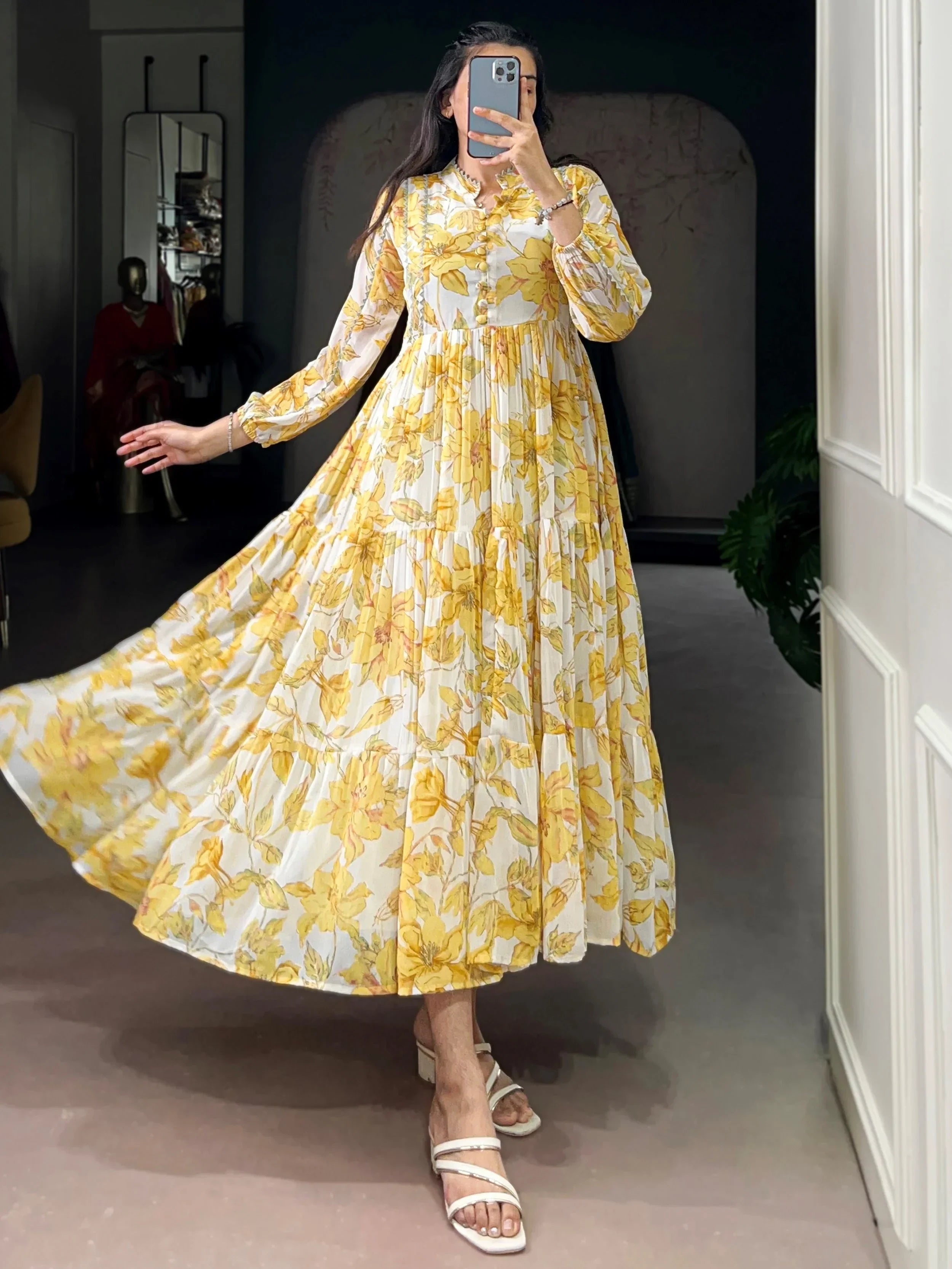 Great Yellow Floral Printed Georgette Casual Wear Dress