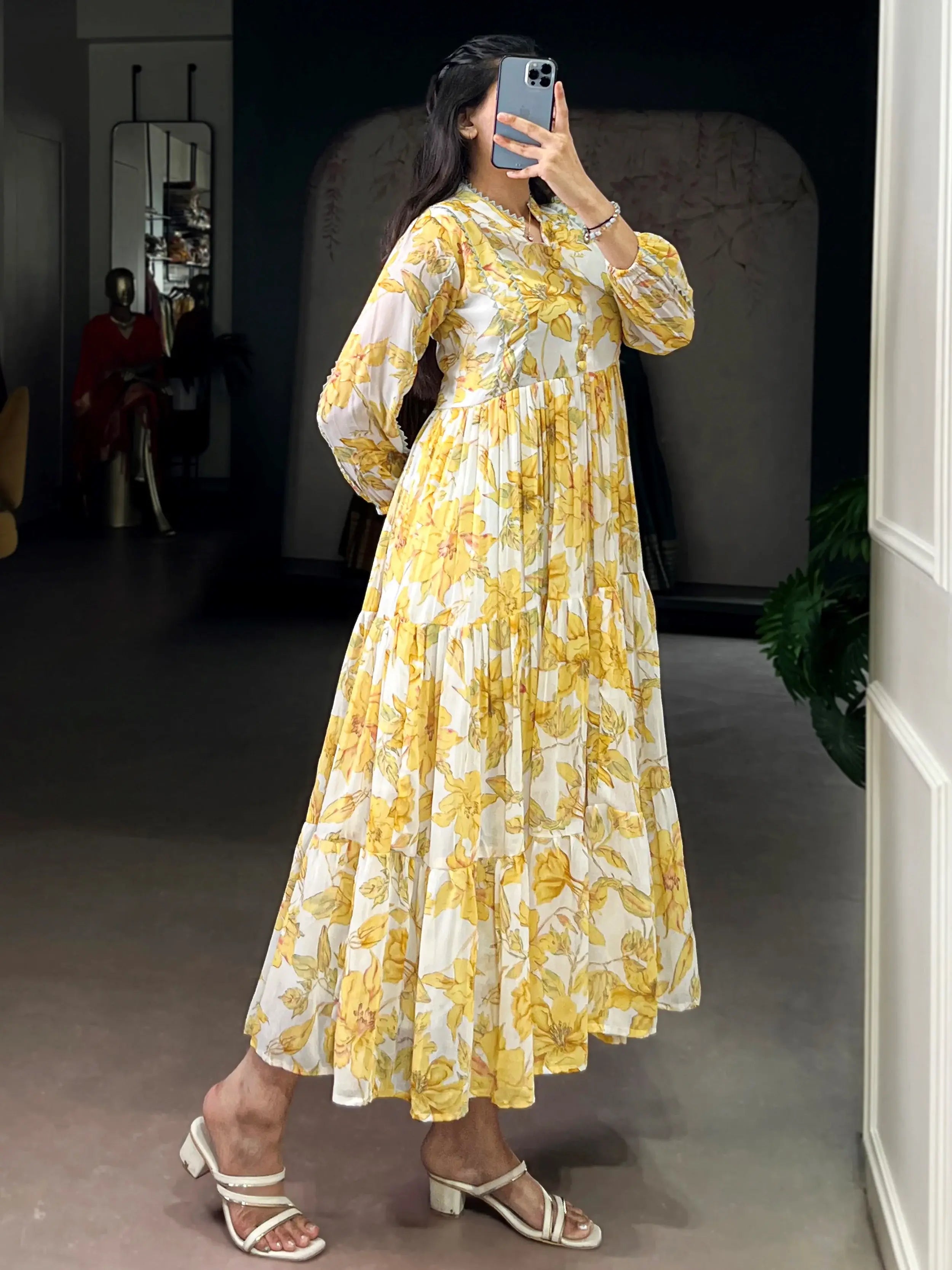 Great Yellow Floral Printed Georgette Casual Wear Dress