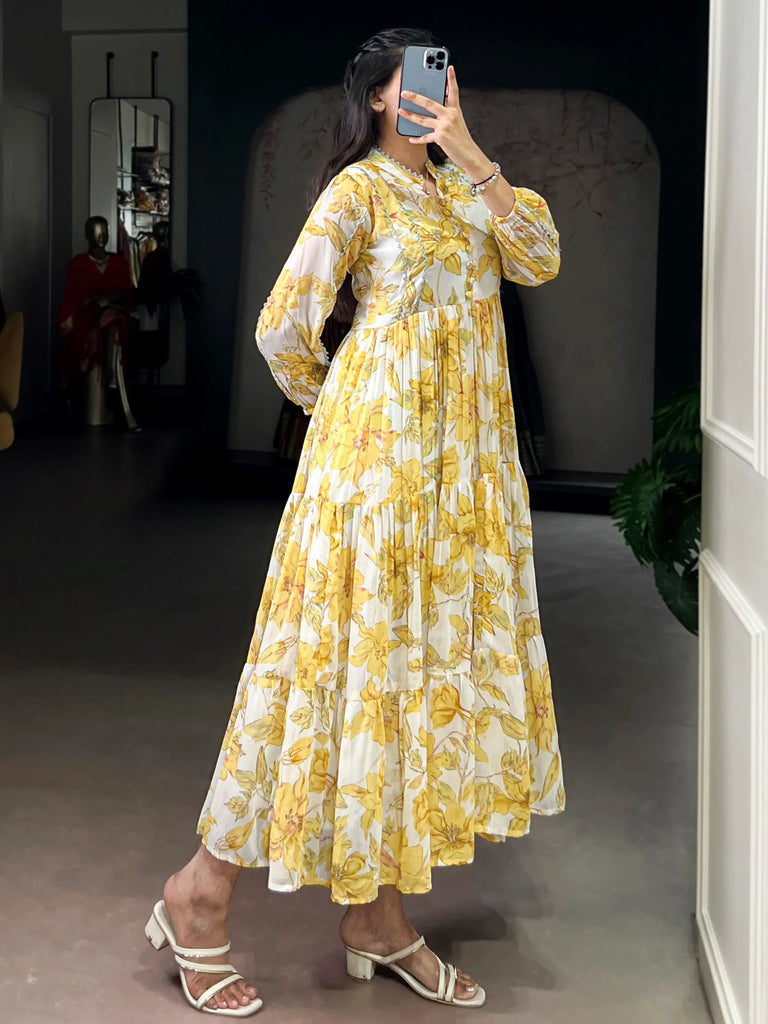 Great Yellow Floral Printed Georgette Casual Wear Dress
