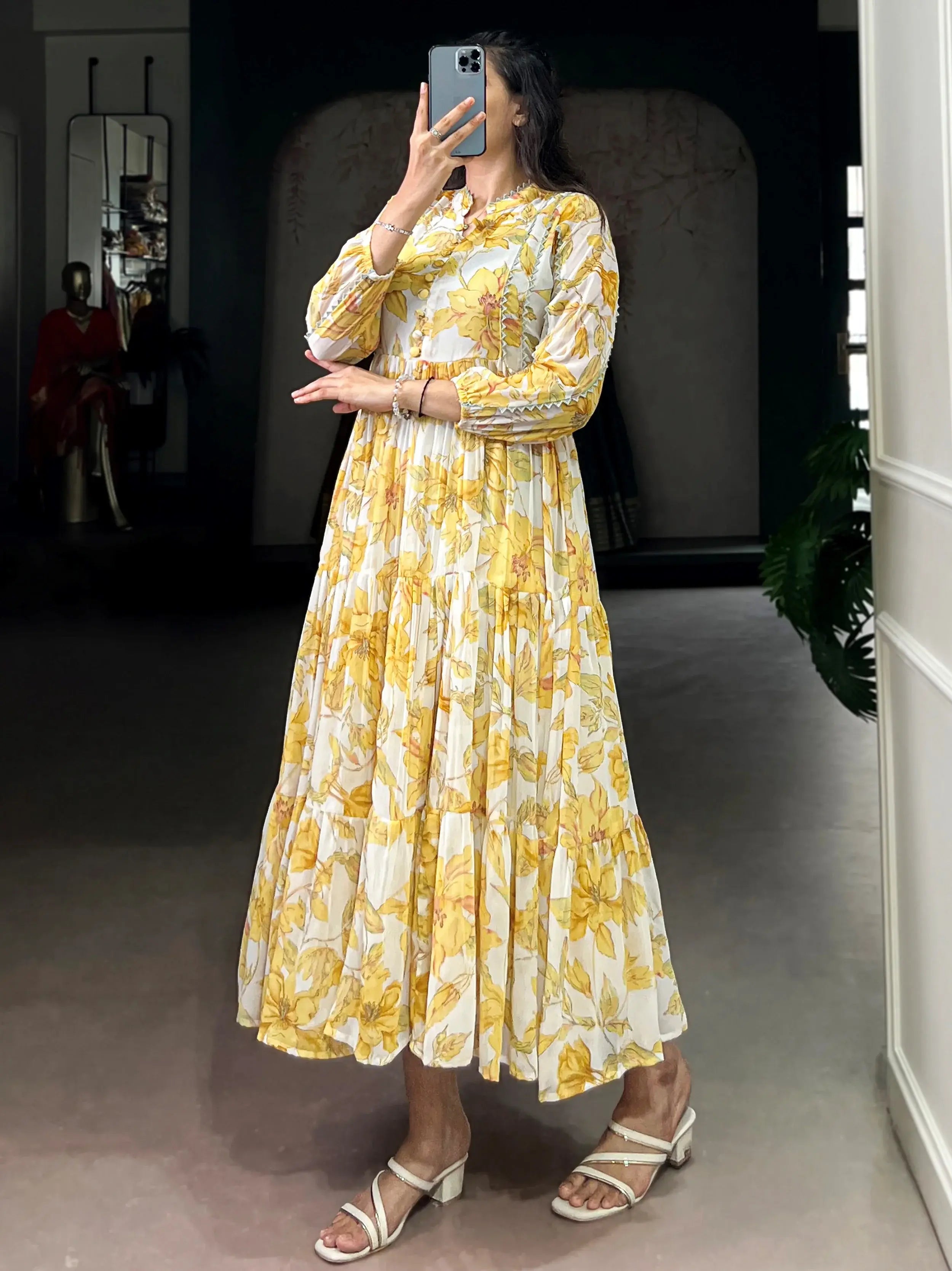 Great Yellow Floral Printed Georgette Casual Wear Dress