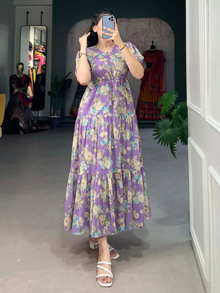 Fabulous Lavender Floral Printed Georgette Casual Wear Dress