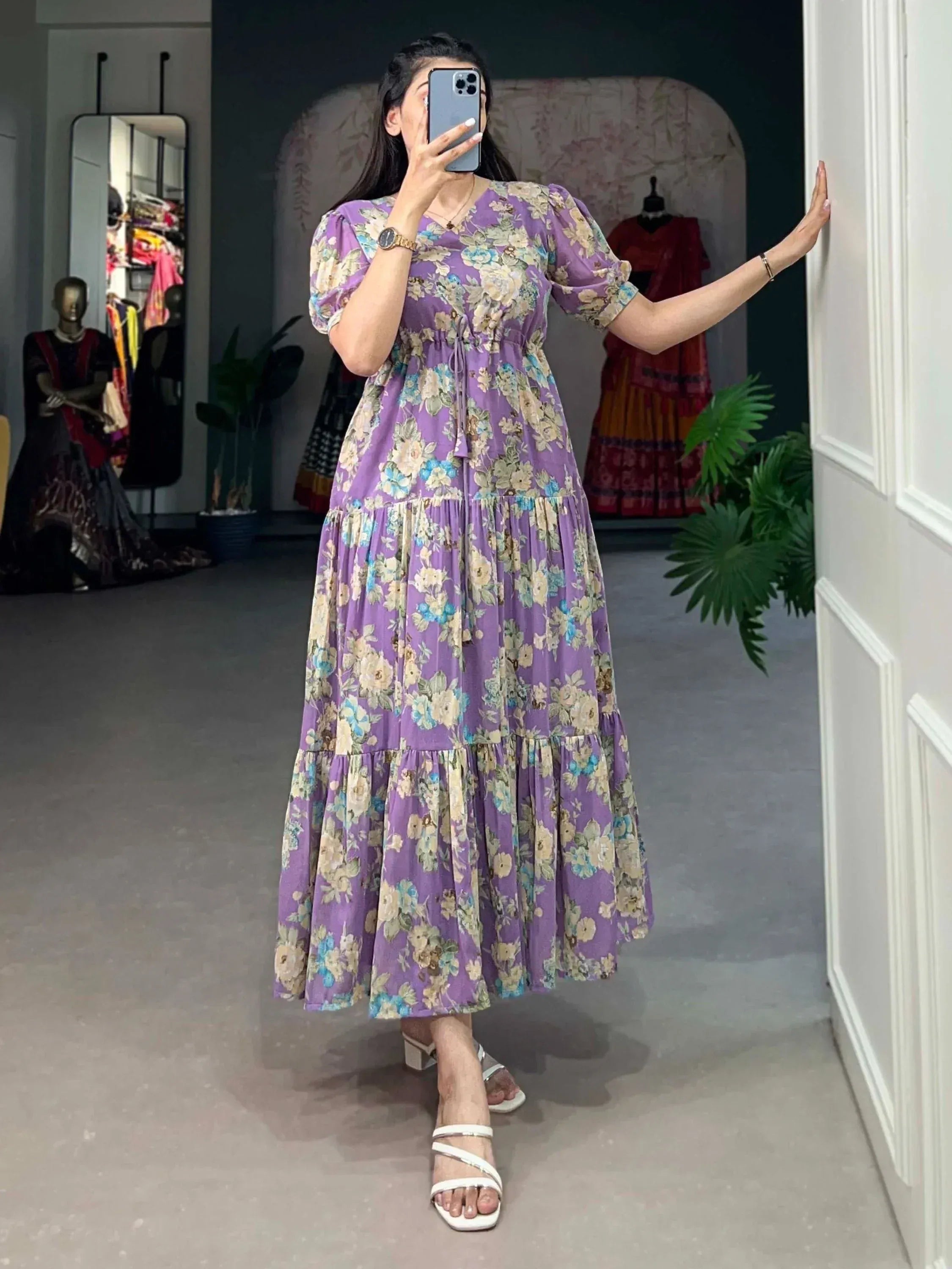 Purple floral tiered maxi dress with puff sleeves, perfect for ethnic occasions and casual wear.
