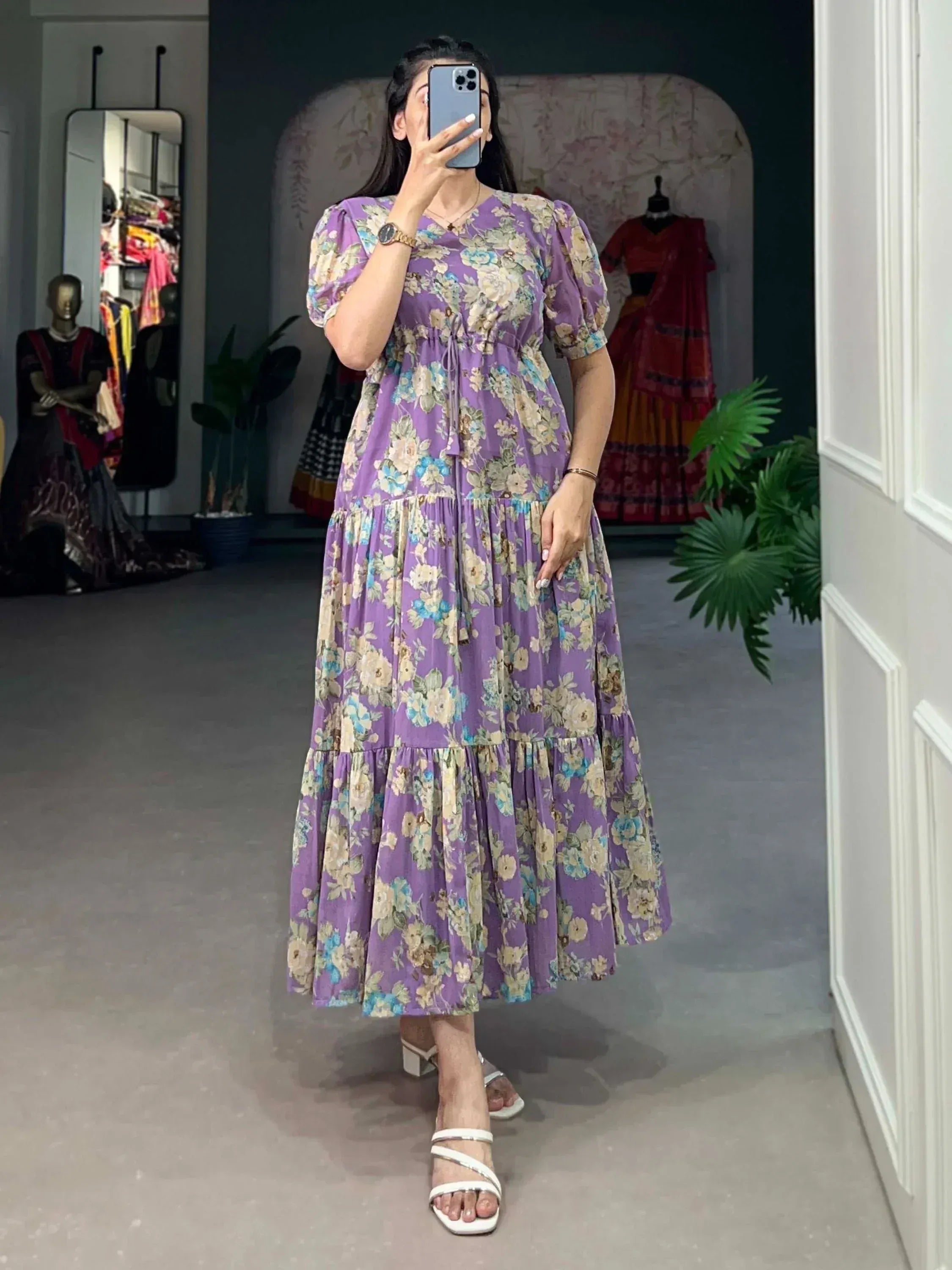 Purple floral tiered maxi dress with puff sleeves, perfect for ethnic occasions and casual wear.