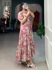 Wonderful Pink Floral Printed Georgette Festival Wear Dress