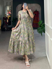 Fantastic Pista Green Floral Printed Georgette Western Dress