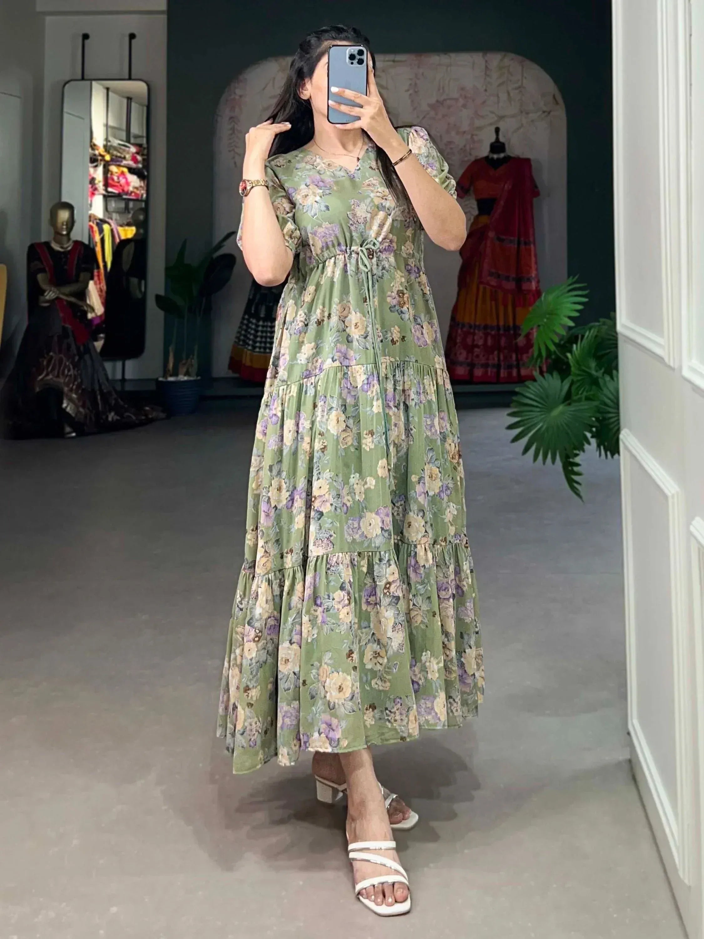 Green floral tiered maxi dress with puff sleeves, perfect for ethnic occasions
