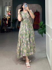 Fantastic Pista Green Floral Printed Georgette Western Dress