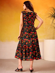 Fabulous Black Flower Printed Silk Casual Wear Dress