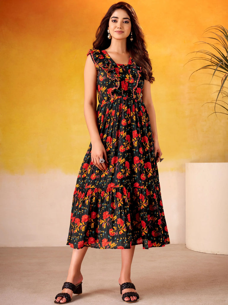 Fabulous Black Flower Printed Silk Casual Wear Dress