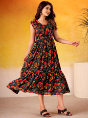 Fabulous Black Flower Printed Silk Casual Wear Dress